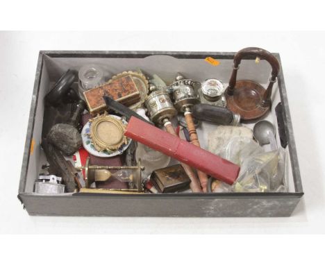 A box of miscellaneous items to include a Cornish Serpentine model of a lighthouse on rocky base, pocket watch holder, miniat