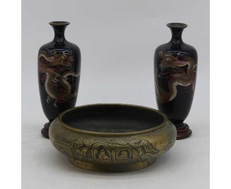 A Chinese brass censer, relief decorated with figures, dia. 21cm, together with a pair of Chinese black cloisonne enamel vase