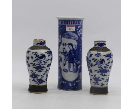 A Chinese blue &amp; white porcelain sleeve vase, decorated with figures, height 25cm, together with a pair of Chinese Nankin