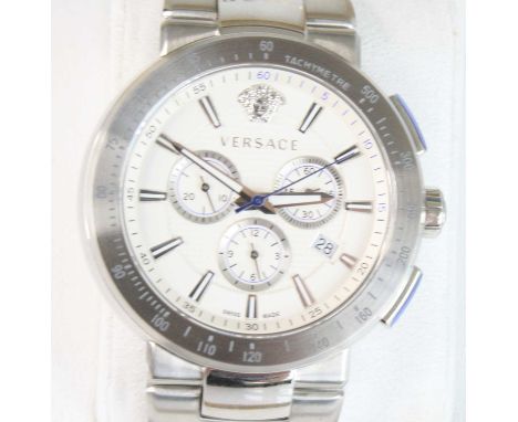 A gent's Versace steel cased quartz chronograph wristwatch, having a textured white dial with baton markers, three subsidiary