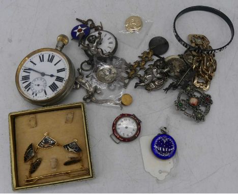 A lady's enamel decorated pocket watch, together with various further watches and costume jewellery 