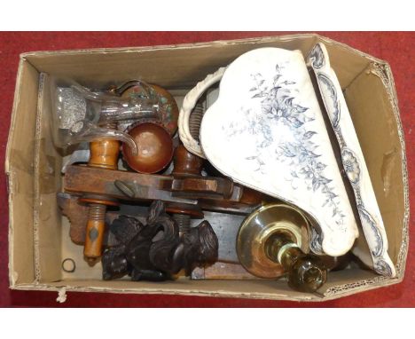 A collection of glass, ceramics, and treen to include a Victorian blue &amp; white butter dish