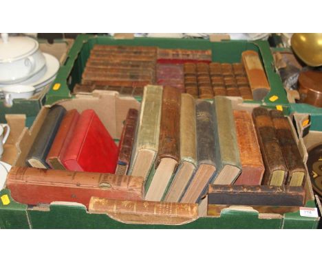 Two boxes of mainly leather bindings, to include Campbell, Dr John; The Naval History fo Great Britain including the history 