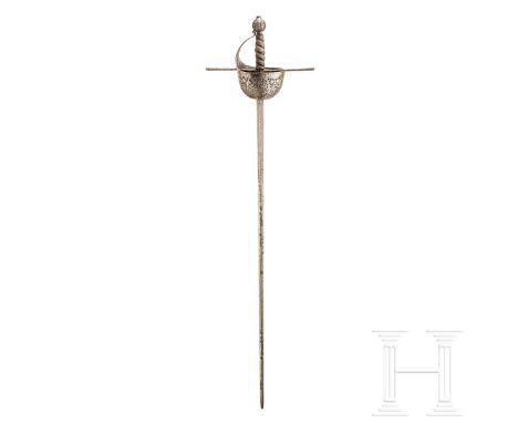Schweres Glockenrapier, Italien, Mitte 17. Jhdt.  Kräftige, zweischneidige Klinge mit rhombischem Querschnitt und abgeflachte