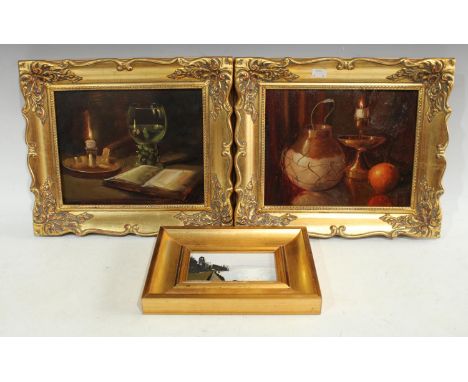 Pictures - a pair, 18th century style , still life's,  chamber stick, glass and book, oil on board, signed J Hovennar, 19.5 c