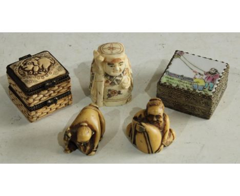 A carved bone netsuke, elder, 5cm; two resin netsuke; a silver plated metal patch pot and cover, painted enamel cover with fi