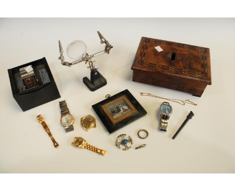 Watches - a Bulova Accuquartz wristwatch head;  other dress watches Fossil, Henleys, etc; Celtic brooch, watch makers vice, V