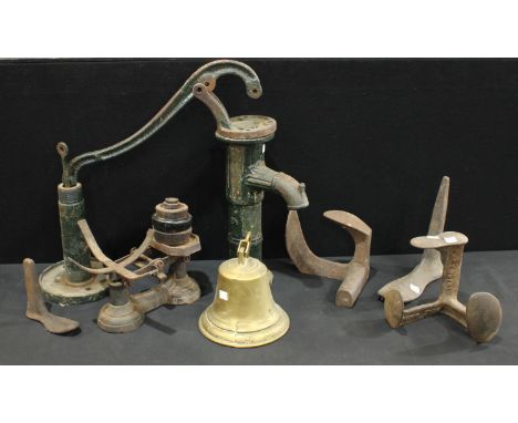 Metalware - a cast iron garden water pump; cobblers lasts, scales and weights; brass bell