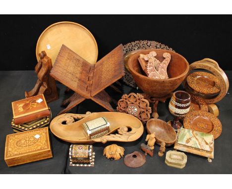 Treen Boxes &amp; Objects - a Scandinavian carved serpentine leaf dish;  fruit wood peacock tray, teapot stand, folding displ