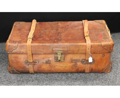 A Merchant Navy brown leather single hide travel trunk, stamped Liverpool, brass mounted, 94cm wide, W E Jackson and Sons, No
