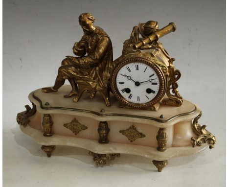 A 19th century French gilt-metal and alabaster mantel clock, 8cm enamel inscribed with Roman numerals, twin-winding, 14-day m