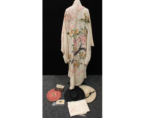Textiles - a Japanese silk kimono and scarf, embroidered with fanciful birds, leafy cherry blossom and ripe fruit; a pair of 