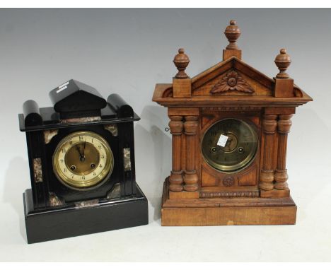 A French black slate mantel clock, 30cm, with key; a German mantel clock (2)