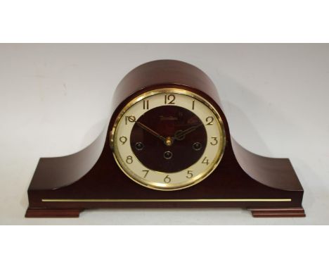 A mahogany Napoleon hat mantel clock, by President, Westminster chime, three winding holes, eight day, 43cm wide, key