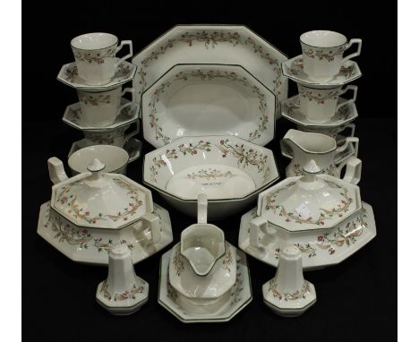 A Johnson Brothers Eternal Beau tea and part dinner service, pair of vegetable dishes and covers, sauce boat on stand, salt a