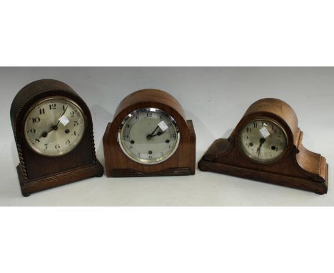 An oak mantel clock, eight day; two others similar (3)