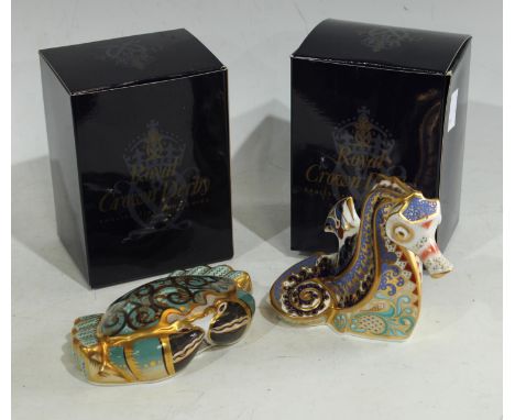 A Royal Crown Derby Paperweight, Coral Seahorse, limited edition, gold stopper, certificate, boxed; another, Cromer Crab, lim