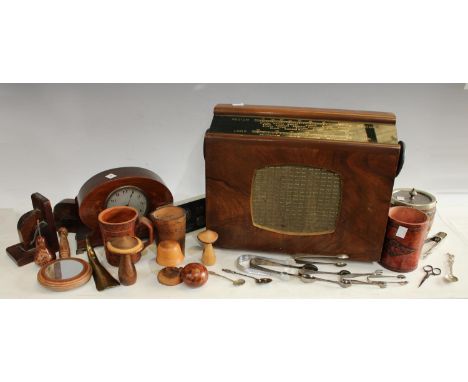 An early 20th Century Art Nouveau mahogany mantel clock, inlaid, Arabic numerals; a Ferranti 555 vintage radio; a late 19th C