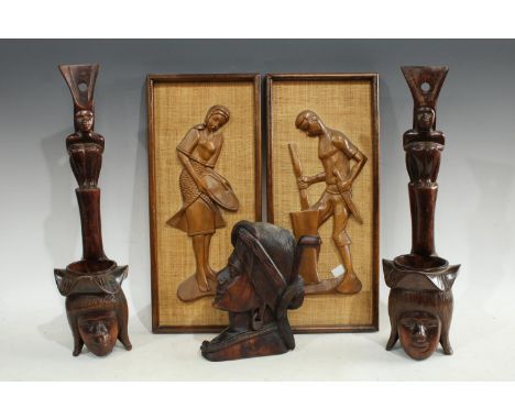 Tribal Art - a pair of carved wooden wall hanging marriage token mask pots, each carved as a smiling male or female face, lon