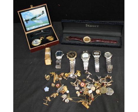 Gentleman's jewellery &amp; Watches - a Stauer mechanical wind skeleton dial wristwatch;  others, cufflinks, tie pins, Rotary