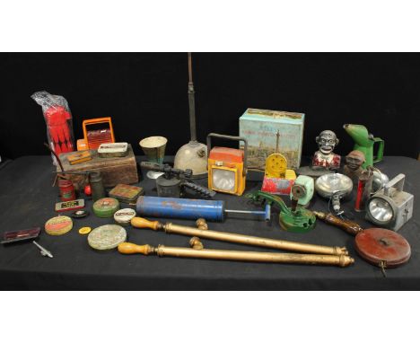 A pair of gold plated pince nez; a Crescent bagatelle coin bank; a jolly coin bank and another similar; a chrome motorcycle m