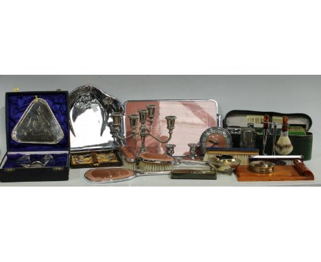 Metalware - an Art Deco pink enamel and chrome eight piece dressing table set inc clock, pair of candlesticks, tray, hair and