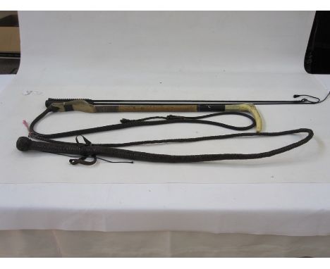 Hunting crop&nbsp;with horn handle with plaited whip, two other schooling whips&nbsp;and a leather plaited bull whip&nbsp;(4)