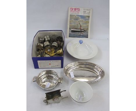 Box of shipping line items including table lighter with enamel flag 'The Blue Funnel Line', belt buckle for SS Norman, bell f