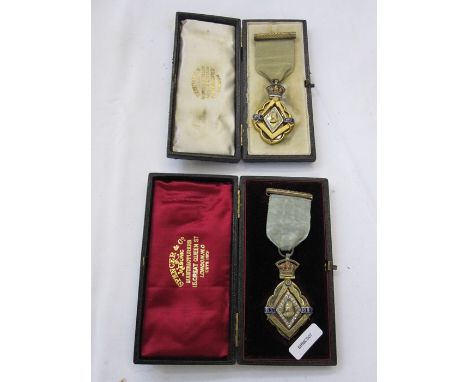 Two Queen Victoria Diamond Jubilee silver-gilt, enamel and diamante Masonic medals&nbsp;presented at the Especial Communicati
