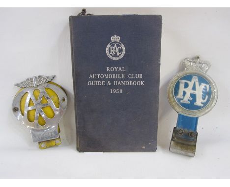 Metal and enamel AA badge, No.6 B82006, plastic and metal RAC badge&nbsp;and RAC 1958 guide and handbook (3)
