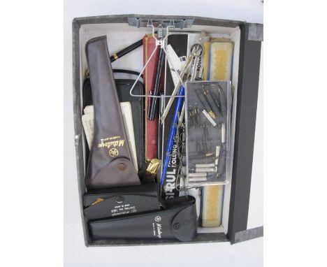 Quantity slide rules, rulers, Mitutoyo stainless measuring gauge, vintage Sharp model PC-1801 calculator and other drawing it
