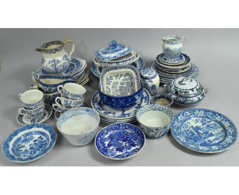 A Collection of Various Blue and White to Comprise Plates, Jugs, Bowls, Early Examples to Include Granger and Worcester Willo