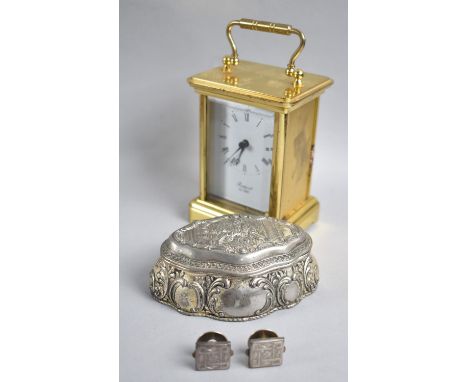 A Brass Carriage Clock with Battery Movement together with a Dressing Table Jewellery Box Containing Pair of White Metal Moun