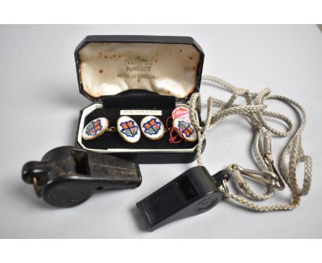 Two Vintage Referees Whistles and a Set of Cased Gold Plated and Enamelled Cufflinks for the Referees Association 