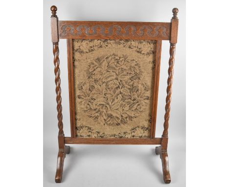 An Edwardian Oak Framed Barley Twist Firescreen with Tapestry Panel, 54cm wide 