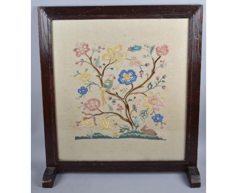 A Mid 20th Century Framed Firescreen with Embroidered Panel, Parrot in Tree, 54cm wide 