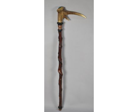 A Mid 20th Century Walking Stick with Antler Handle having Oval Cabochon 