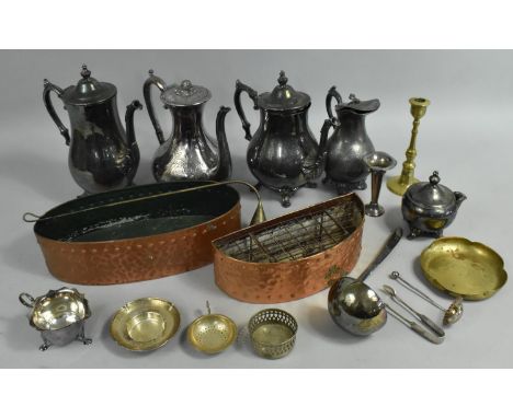 A Collection of Various Metalwares to Compirse Copper Planters, Silver Plated Teawares, Brass Candle Stick etc 