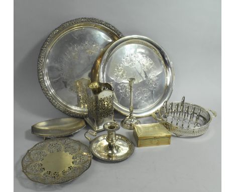 A Collection of Various Silver Plated Items to Comprise a Large and Heavy Circular Tray with Moulded Scrolled Trim, Bedchambe