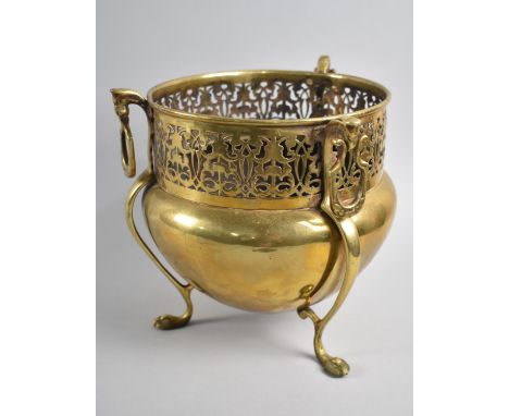A Late 19th/Early 20th Century Brass Planter on Three Scrolled Claw Feet, Pierced Rim, 19cms Diameter and 21cms High 