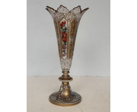 Vintage bohemian overlay glass vase with gold work, enamelled 