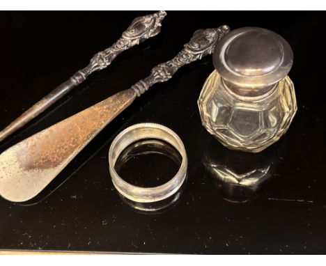 Silver handled button hook & shoe horn, napkin ring & scent bottle 