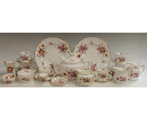 A Royal Crown Derby Posies pattern tea service for six, teapot, milk and sugar, cream jug, pair of dinner plates, vases, trin