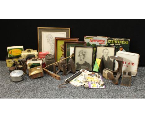 Boxes and Objects - a Barclays bank money box; a brass chestnut roaster; a hobbing foot; a blow torch; vintage heater etc