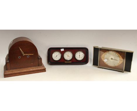 Clocks - a reto late 1960s/early 1970s Metamec mantel clock;  another oak cased mechanical chiming; a wall mounted barometer,