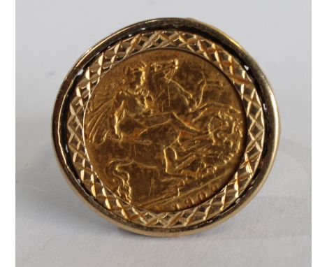 A gold half sovereign 1909, set in a 9ct gold ring, 7.9g