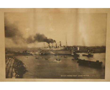 A photographic print, QTSS Mauretania Leaving The Tyne, Auty Series 6038P, 41cm x 61cm, framed and glazed