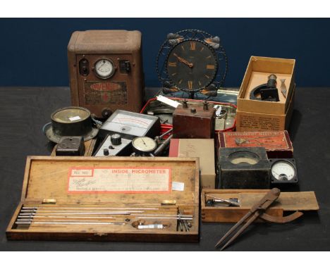 A micrometer, boxed; a students microscope, boxed; other gagues and measuring instruments; a Smiths electric clock; etc