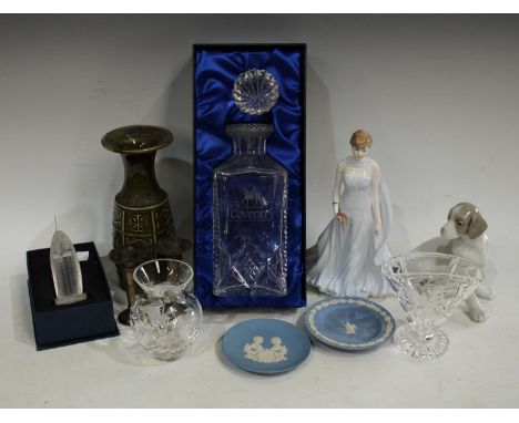 A crystal glass model of Dubai's Burj Al Arab hotel, boxed; a glass decanter, engraved City of Coventry, boxed; a Coalport fi