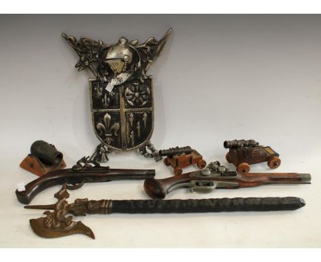 Decorative Weaponary - a wall hanging flintlock pistol; another; axe; shield plaque, novelty cannons (7)